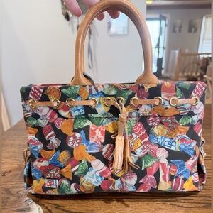 Dooney & Bourke Candy-Print Satchel with Tan Leather Handles